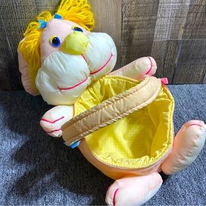 Nylon Plush Stuffed Bunny Easter Basket Pink Yellow Yarn Hair Puffalump Style